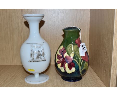 A MOORCROFT POTTERY 'HIBISCUS' PATTERN LAMP BASE, together with a transfer printed milk glass vase, height 25cm, the Moorcrof