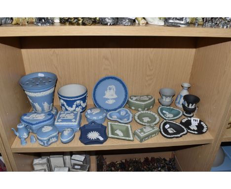 A COLLECTION OF WEDGWOOD JASPERWARE, twenty three pieces, to include a white and blue vase, height 12cm, a grey urn style vas