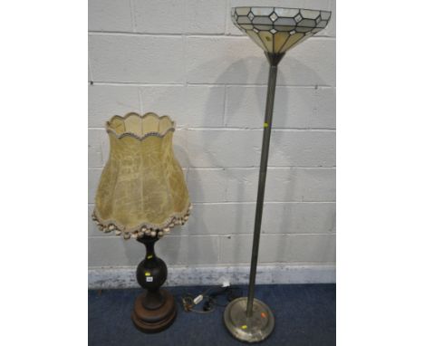 A 20TH CENTURY HARDWOOD LAMP, of a bulbous form, approximate height to fitting 83cm, along with a standard lamp, condition re