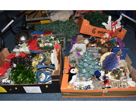 FIVE BOXES AND LOOSE CHRISTMAS DECORATIONS, to include a ceramic Christmas tree, vintage and modern Christmas baubles, stream