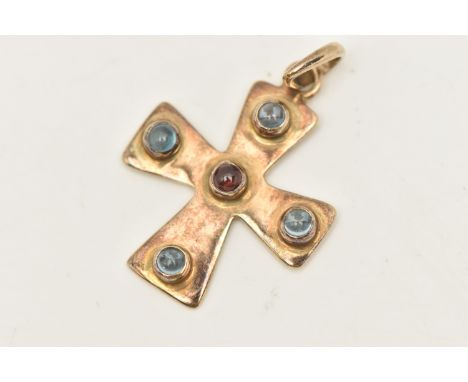A YELLOW METAL GEM SET CROSS PENDANT, polished cross set with a central garnet cabochon and four topaz cabochons, fitted with