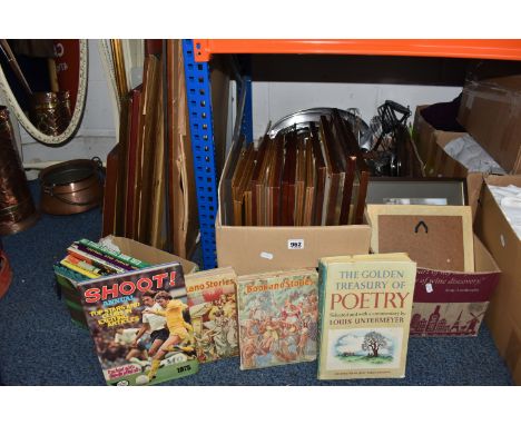 FOUR BOXES AND LOOSE METALWARE AND SUNDRIES, included a large quantity of frames, and also framed subjects needlepoint, print