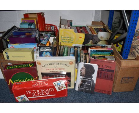 SIX BOXES AND LOOSE MISCELLANEOUS ITEMS comprising two boxes of vintage games to include a Jurassic Park jigsaw puzzle, a Man