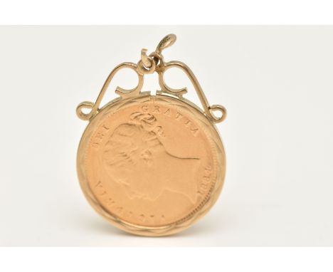 A MOUNTED VICTORIAN SHEILD BACK HALF SOVEREIGN COIN, depicting young Queen Victoria dated 1884, within a textured collet moun