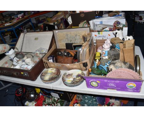 TWO BOXES, A SUITCASE AND LOOSE CERAMICS, GLASS, METALWARE AND SUNDRY ITEMS, to include a mid-twentieth century ceiling light