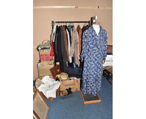 FIVE BOXES AND LOOSE ASSORTED VINTAGE CLOTHING AND ACCESSORIES, men's and ladies' comprising a  handmade machine embroidered 