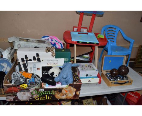 TWO BOXES AND LOOSE TOYS, DOLLS AND VINTAGE GAMES, to include a collection of Britains plastic farm animals, a Matchbox serie