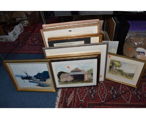 A QUANTITY OF PICTURES AND PRINTS ETC, to include an oil on board depicting boats at low tide signed Jill White, approximate 