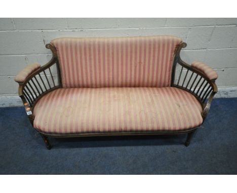 AN EDWARDIAN MAHOGANY AND INLAID SOFA, with striped upholstery, curved armrests, raised on square tapered front legs, with sp