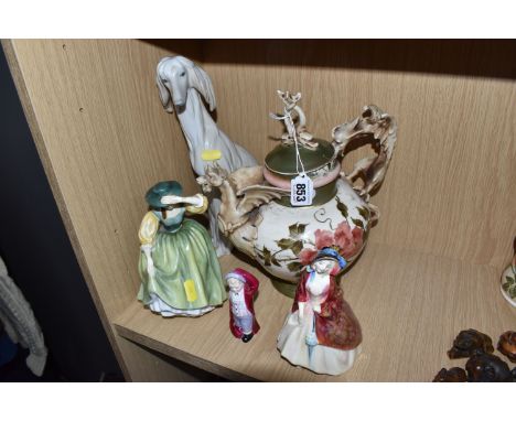 A GROUP OF CERAMICS to include a Royal Doulton 'Paisley Shawl' HN1988 figurine and a 'Buttercup' HN2309 (extensive signs of r