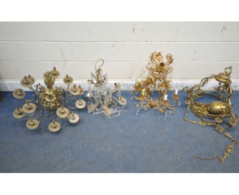 A FRENCH GILT CHANDELIER, with foliate details, and glass drop pendants, approximate height 60cm, a brass fifteen branch chan