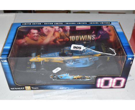 A BOXED MATTEL HOTWHEELS RACING 1/18 SCALE LIMITED EDITION RENAULT R25 F1 CAR, ALONSO, RENAULT 100TH F1 GP WIN BAHRAIN GP 200