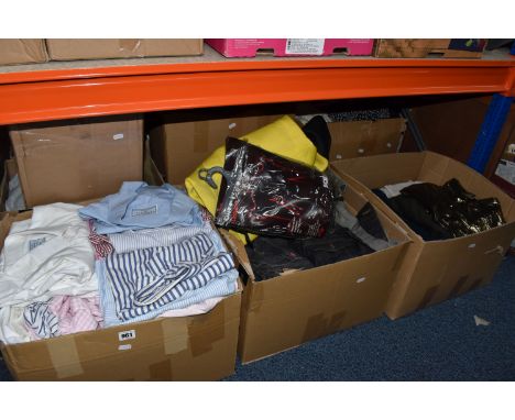 EIGHT BOXES OF MEN'S AND LADIES' CLOTHES, to include shirts, jumpers, t -shirts, trousers, jeans, blouses etc. men's sizes sh