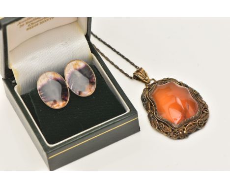 A PAIR OF BLUE JOHN FLOURITE EARRINGS AND A PENDANT WITH CHAIN, the white metal earrings of an oval form set with a slice of 