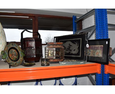 A SMALL GROUP OF CHINESE ITEMS, comprising a traditional style wedding basket, a jewellery box missing its lid, a framed embr