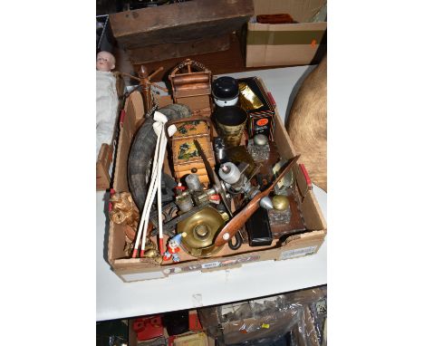 ONE BOX OF MISCELLANEOUS VINTAGE ITEMS, to include a first edition die cast model of Guy Arab II utility double decker bus in
