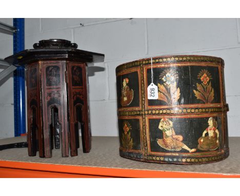 AN INDIAN BUCKET AND A BURMESE COLLAPSIBLE TABLE comprising a metal-bound wooden bucket with Mughal style hand-painted courts