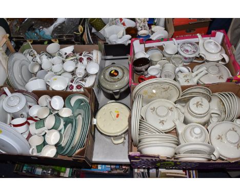 FOUR BOXES OF DINNERWARE, to include a quantity of Royal Doulton 'Sandsprite' pattern dinnerware, Aynsley 'Madison' pattern f