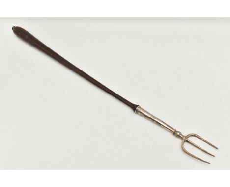 A GEORGIAN SILVER AND ROSEWOOD TOASTING FORK, trident silver fork hallmarked 'Thomas Phipps &amp; Edward Robinson' London 180