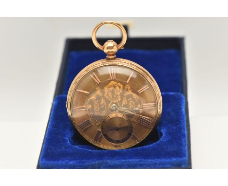 A MID 19TH CENTURY 18CT GOLD OPEN FACE POCKET WATCH, key wound movement, round gilt dial with floral detail, Roman numerals, 