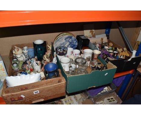 THREE BOXES OF MISCELLANEOUS CERAMICS, to include hand painted vintage fireplace tiles, oriental ginger jars marked on the ba