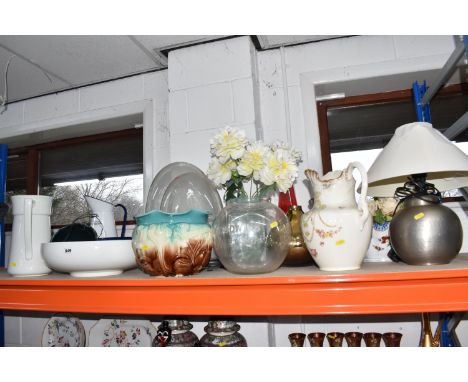 A GROUP OF LARGE CERAMICS AND GLASSWARE, to include a Royal Doulton white bowl Rd No. 374874, 38cm diameter, large white jug,