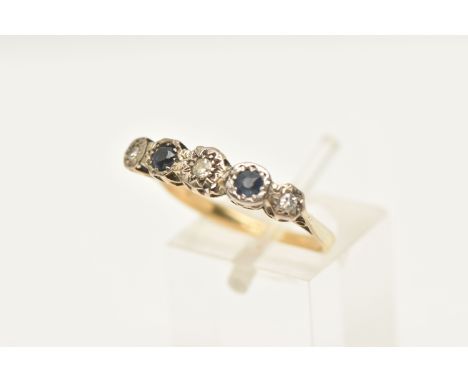 A YELLOW METAL SAPPHIRE AND DIAMOND RING, set with  three single cut diamonds and two circular cut sapphires, all illusion se