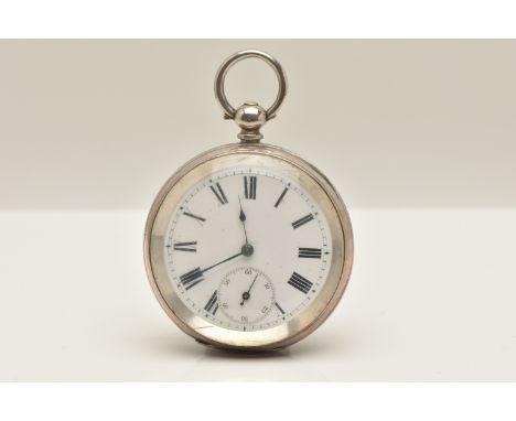 A WHITE METAL OPEN FACE POCKET WATCH, key wound movement, round white dial, Roman numerals, subsidiary dial at the six o'cloc