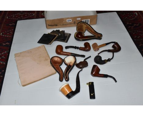 A BOX OF VINTAGE PIPES, GLASS PHOTO NEGATIVES, AND AN EARLY NINETEENTH CENTURY SCRAPBOOK comprising ten pipes of various form