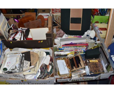 EIGHT BOXES AND LOOSE SEWING, ART AND CRAFT MATERIALS, to include two tins of Faber-Castell Albrecht Durer coloured pencils, 