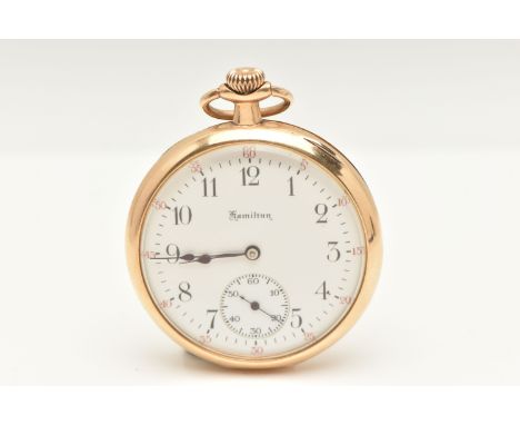A YELLOW METAL 'HAMILTON' OPEN FACE POCKET WATCH, hand wound movement, round white dial signed 'Hamilton', Arabic numerals, s