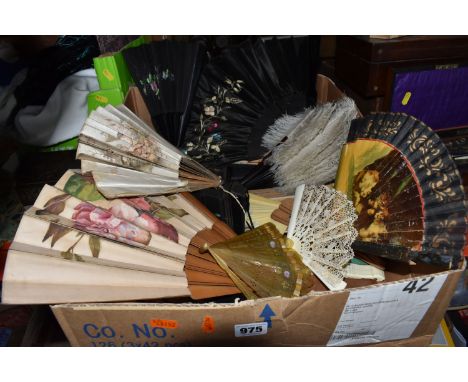 A BOX CONTAINING A LARGE COLLECTION OF 19TH AND 20TH CENTURY FANS, approximately fifty two fans, comprising an embroidered bl