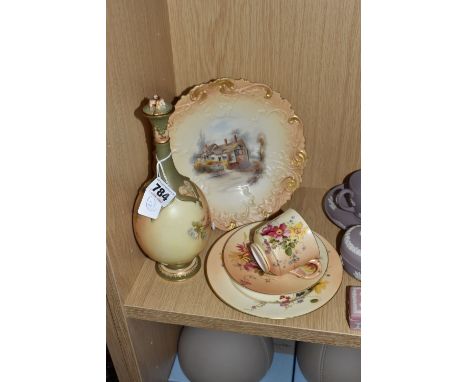 A GROUP OF ROYAL WORCESTER BLUSH IVORY PORCELAIN, comprising a cabinet plate, hand painted with 'Anne Hathaway's Cottage', da