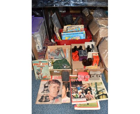 THREE BOXES OF VINTAGE BOOKS, COMICS, AND VIEW MASTER ITEMS, to include three Sawyers View Master views, four later models on