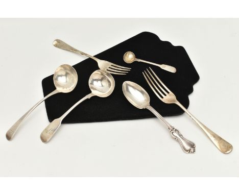 A BAG OF ASSORTED SILVER CUTLERY, to include two Hanoverian pattern table forks, one engraved with a crest and initial A to t