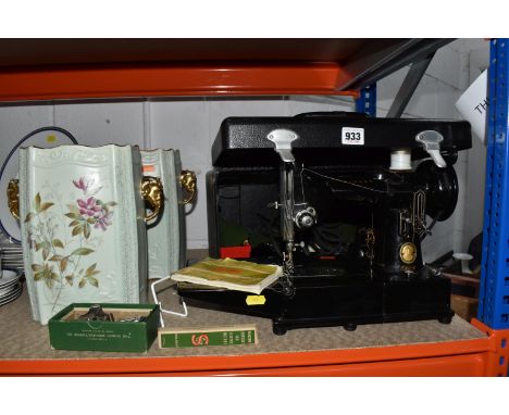 A SINGER MODEL 222K SEWING MACHINE AND TWO VASES to include a cased Singer model '222k' sewing machine with a foot pedal, bob