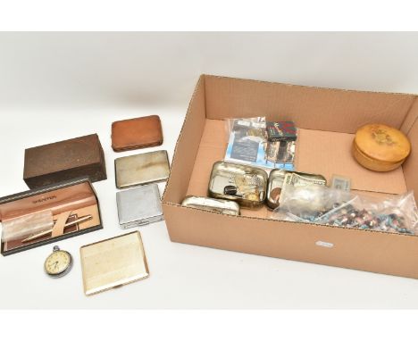 A SILVER CIGARETTE CASE AND A BOX OF ASSORTED ITEMS, the rectangular engine turned pattern cigarette case with vacant cartouc