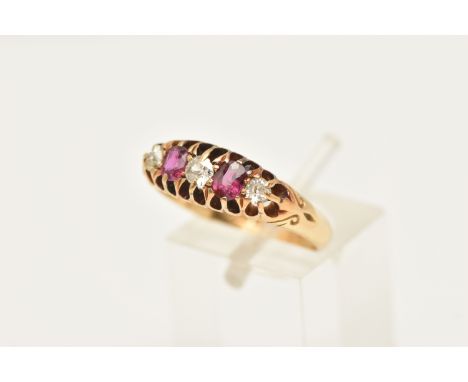 AN EARLY 20TH CENTURY RUBY AND DIAMOND RING, two oval cut rubies interspaced between three old cut diamonds, prong set in yel