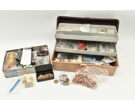 A STORAGE BOX WITH JEWELLERY MAKING TOOLS AND EQUPIMENT, to include various tools, files, pilers etc, with tins of white meta
