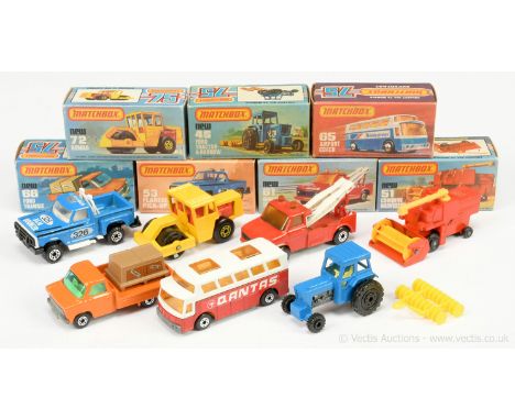 Matchbox Superfast group 46c Ford Tractor &amp; Harrow - blue, black wheels, yellow plastic harrow; 51c Claas Combine Harvest
