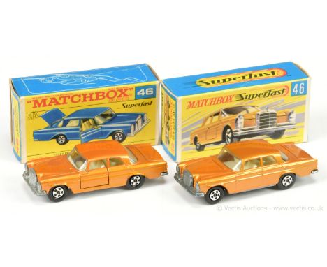 Matchbox Superfast 46a Mercedes 300SE - metallic gold body, cast shut doors, opening trunk, ivory interior, narrow 5-spoke wh