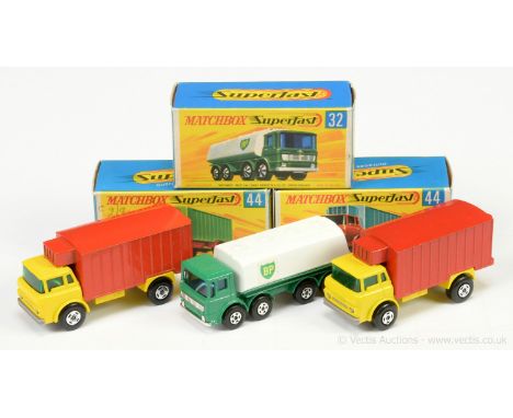 Matchbox Superfast 32a Leyland Petrol Tanker "BP" - green cab and chassis, white tanker, chrome grille and base with tow guid