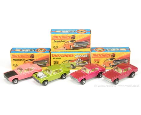 Matchbox Superfast Ford Capri group to include (1) 54b Ford Capri - pink body, black bonnet, 5-spoke wheels; (2) same as (1) 