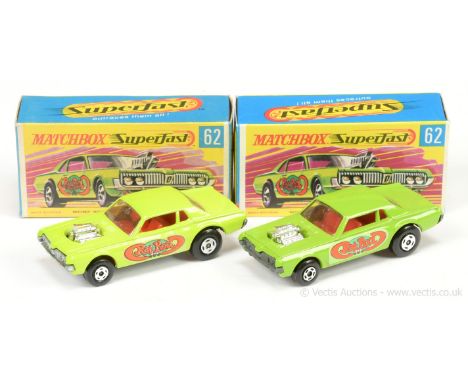 Matchbox Superfast 62b Mercury Cougar "Rat Rod" Dragster - lime green body, red interior and tow hook, chrome engine, side la