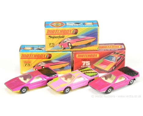 Matchbox Superfast 75b Alfa Carabo - candy pink body, black plastic engine cover, ivory interior, yellow base, 5-spoke wheels