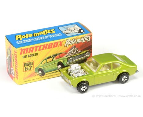 Matchbox Superfast 67b Ford Capri Hot Rocker Dragster - metallic lime green, ivory interior, chrome engine, wide 5-spoke whee