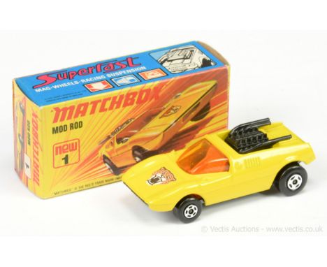 Matchbox Superfast 1b Mod Rod - yellow body with Wild Cat hood label, amber windows, black plastic engine, 4-spoke wheels - N