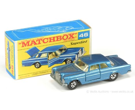 Matchbox Superfast 46a Mercedes 300SE - metallic blue body with opening doors and trunk, clear windows, ivory interior, 5-spo