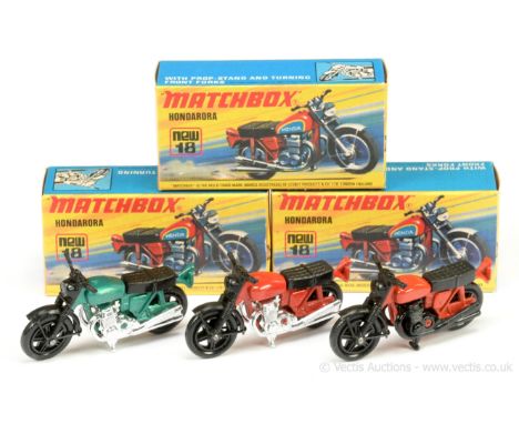 Matchbox Superfast 18b Hondarora (Honda) Motorcycle group of 3; (1) - red body, black seat, handlebars &amp; wheels, engine &