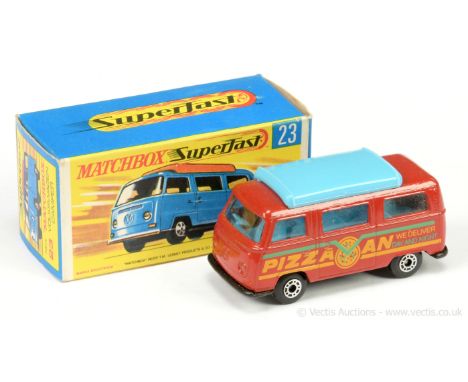 Matchbox Superfast 23a Volkswagen Camper Van "Pizza Van" - red body with green &amp; yellow tampo print, blue interior, black